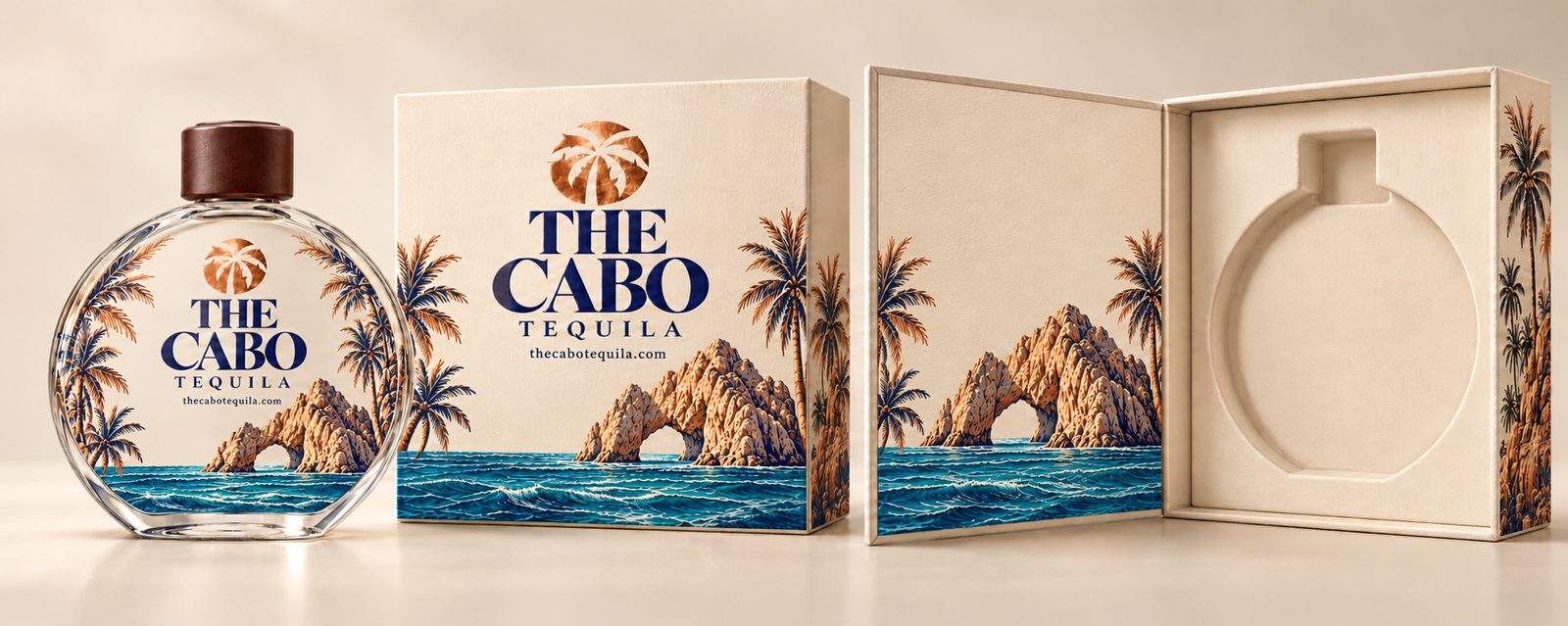 The Cabo Tequila round bottle and gift boxes with the Cabo San Lucas arch, palms and ocean